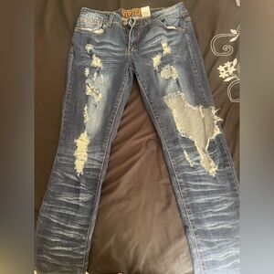 Gray Straight Leg Jeans with Distressed Details